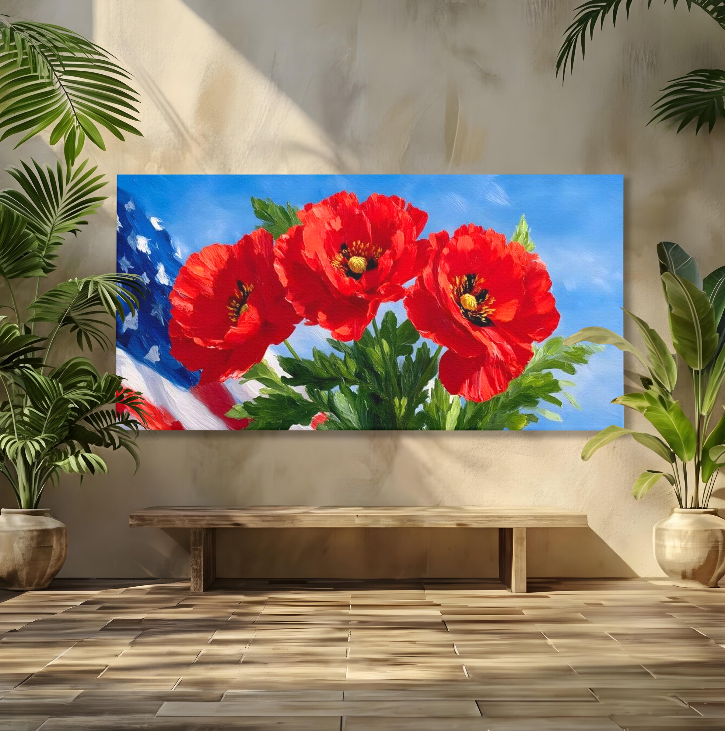 Tablou canvas cu tablou pictura cu trei maci, fara rama, pe sasiu de lemn